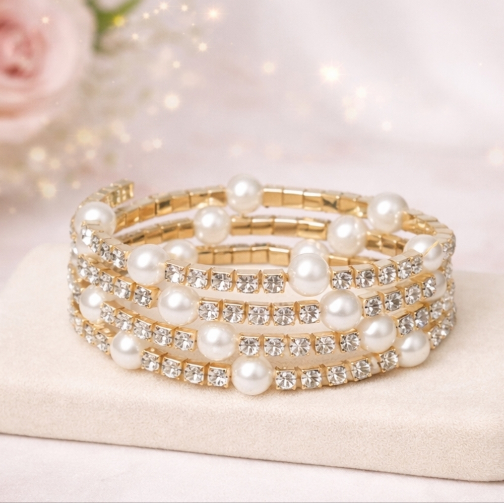 Pearl and Rhinestone Goldtone Coil Wrap Bracelet